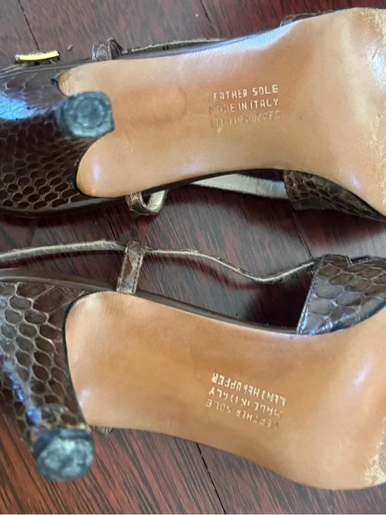 Salvatore Ferragamo Brown Snakeskin Peep-Toe Slingback Heels - Picture 9 of 9